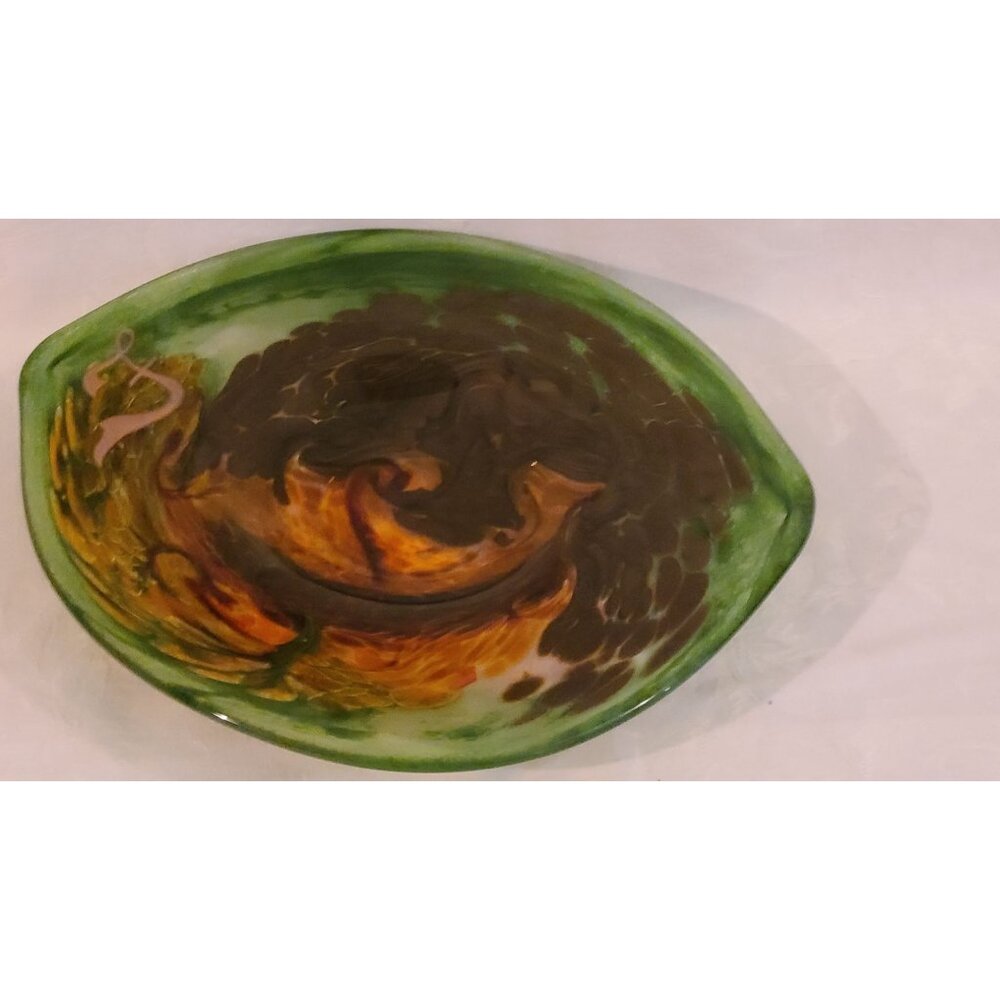 Vintage Signed Hand Blown Art Glass Centerpiece Bowl Green Volcanic Orange Swirl